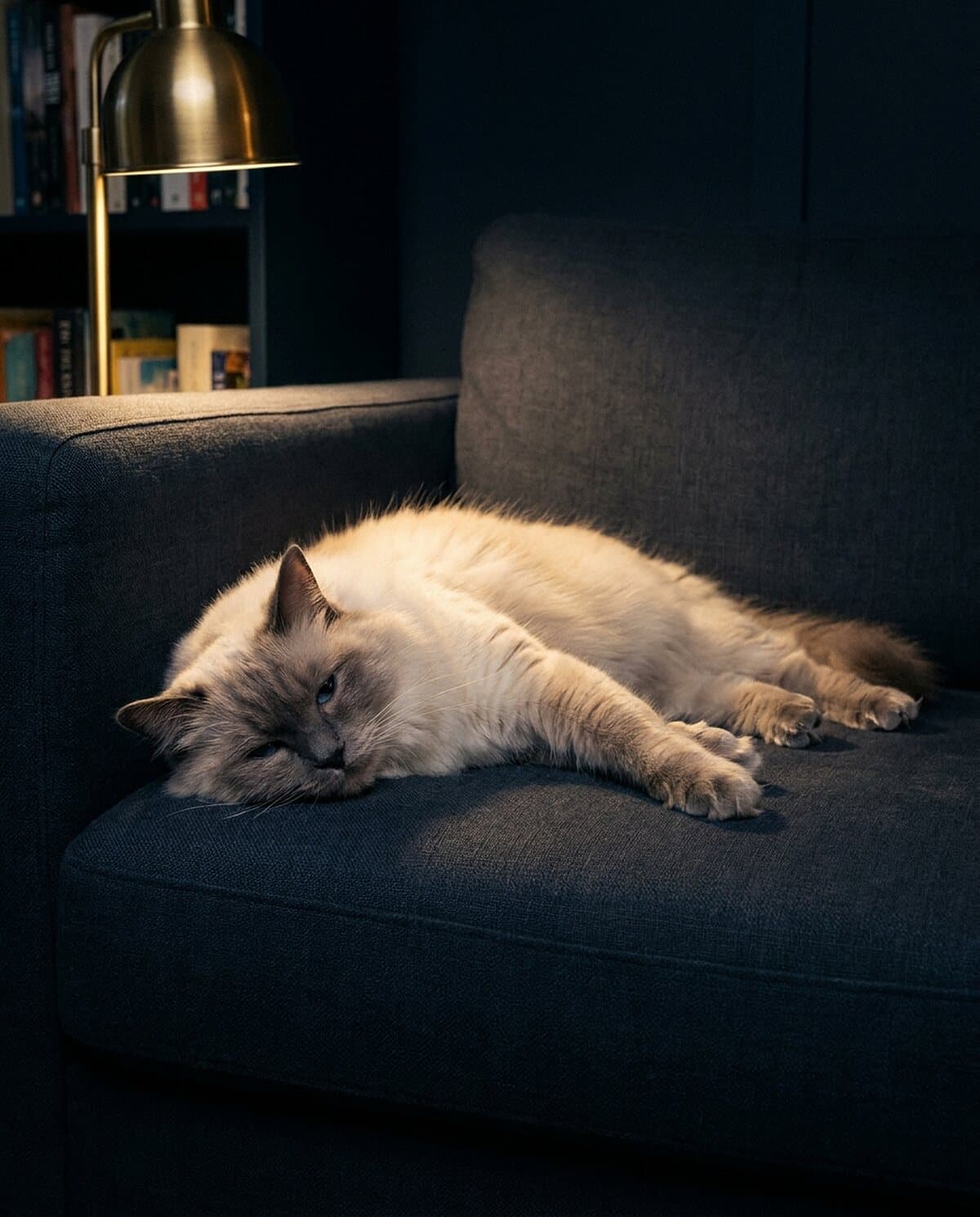 Ragdoll-Kater mit seidig glattem Halblanghaar liegt entspannt auf einem dunklen Sofa