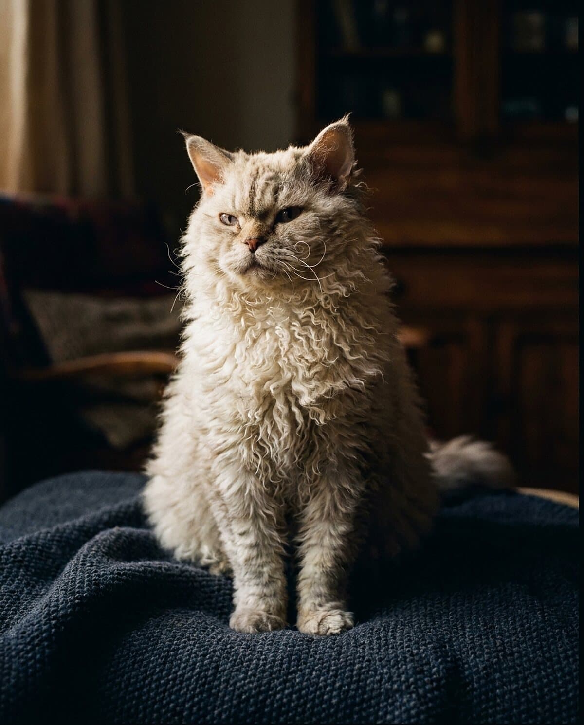 Selkirk Rex mit wolligem, gelocktem Fell sitzt aufrecht auf einer dunklen Decke