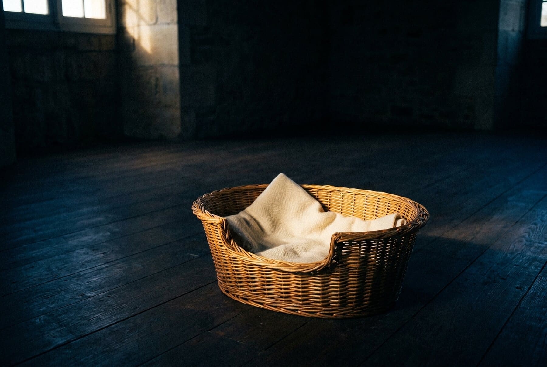 Ein leerer Weidenkorb mit heller Decke in einem dunklen Raum